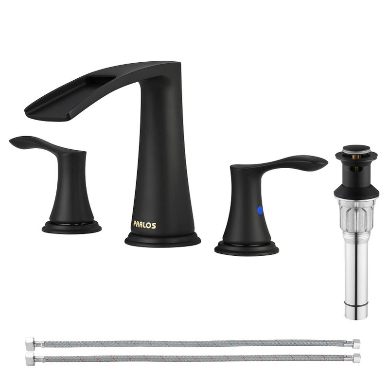 PARLOS Waterfall Widespread Bathroom Faucet Two Handles with Metal Pop Up Drain & cUPC Faucet Supply Lines, Matte Black, Demeter 1431804 - Image 1